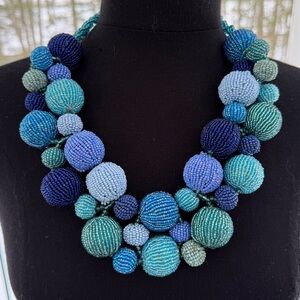 Chunky Beaded Bib Artisan Necklace Handcrafted Glass Beads Statement Jewelry